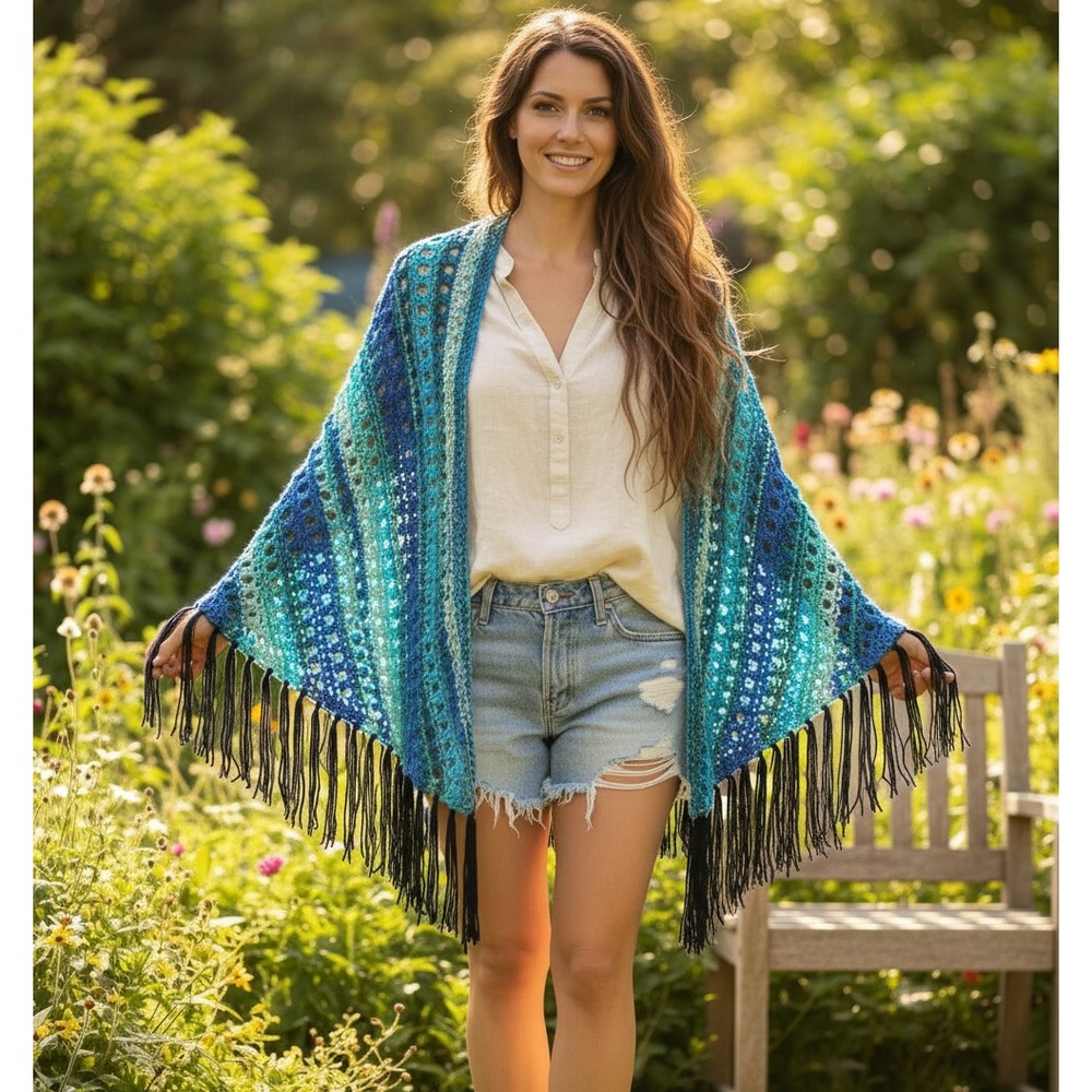 NEW‎ Blue Teal Hand Knitted Shawl Wrap Scarf Boho Hippie Coastal Festival Artsy